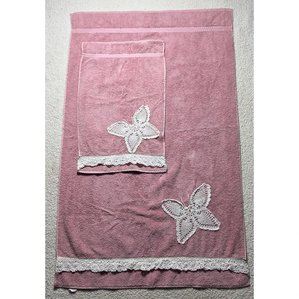 Vintage Cannon Pink Cotton Towel Set Butterfly Crochet Lace Trim Made in USA